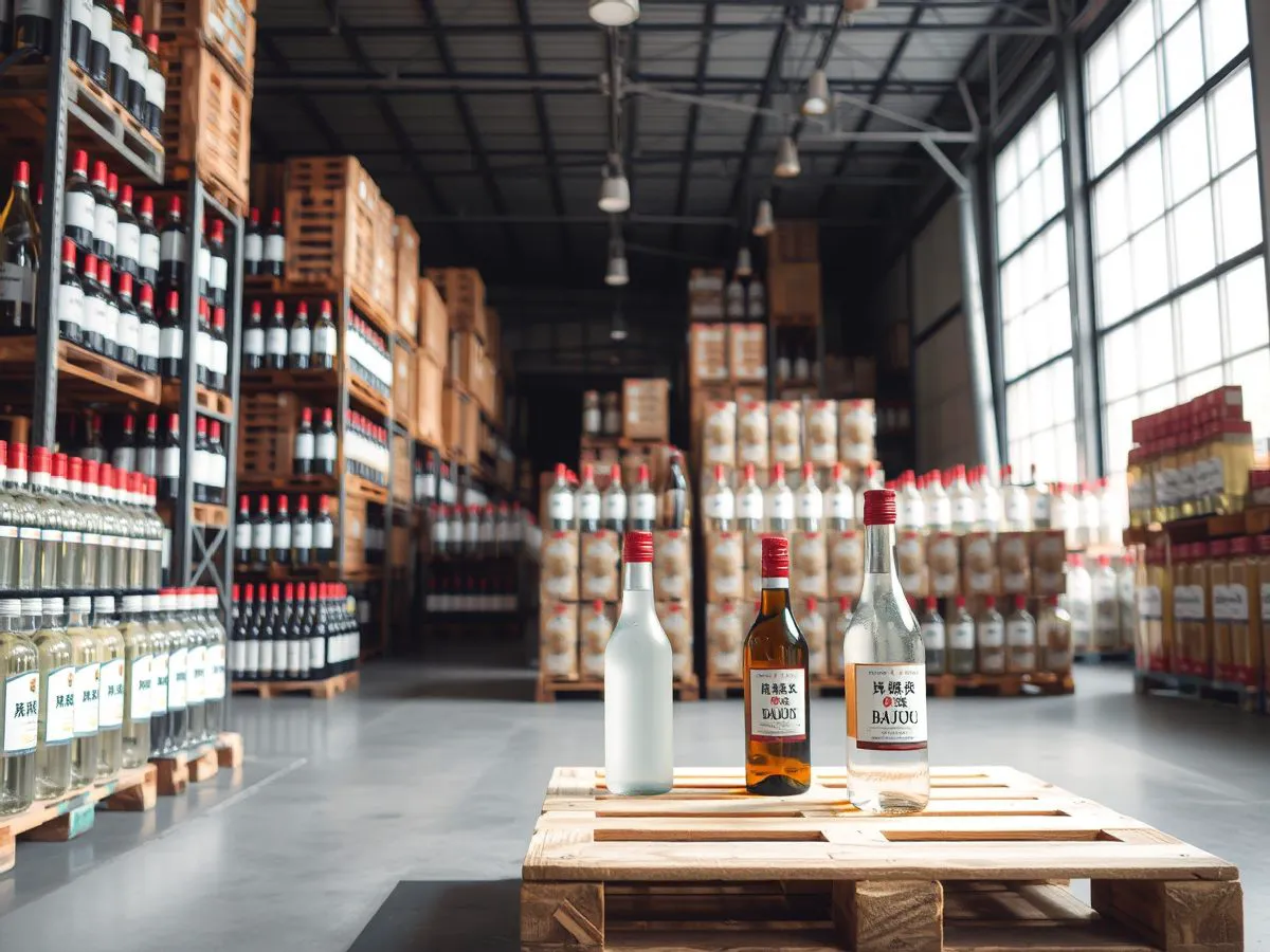 多品牌白酒批发仓库中整齐码放的酒箱和样品瓶